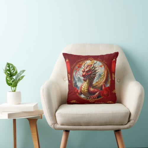 Gold red chinese dragon wish you a Happy new year Throw Pillow