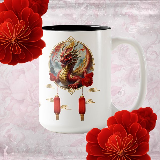 Gold red chinese dragon wish you a Happy new year. Two-Tone Coffee Mug (Creator Uploaded)