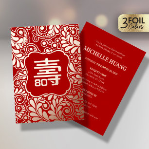Gold Red Chinese Longevity (Shou) Birthday Foil Invitation