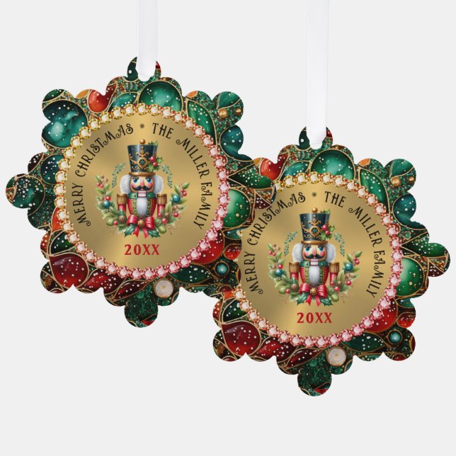 Gold Red Christmas Nutcracker, Glitter Frame Ornament Card (Front/Back)