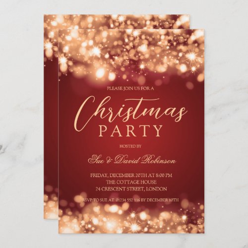 Gold Red Christmas Party Modern Sparkling Lights Invitation