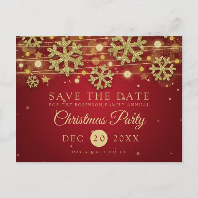 Gold & Red Christmas Party Save The Date Glitter Announcement Postcard (Front)