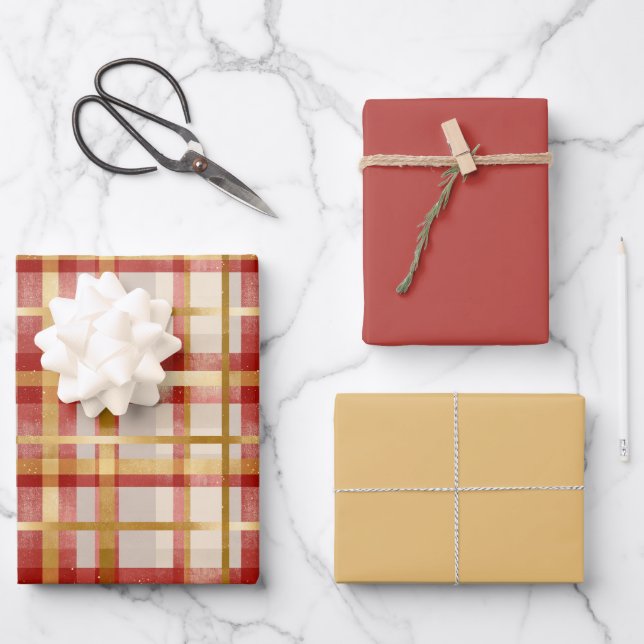 Gold Red Christmas Plaid Wrapping Paper Sheets (Front)