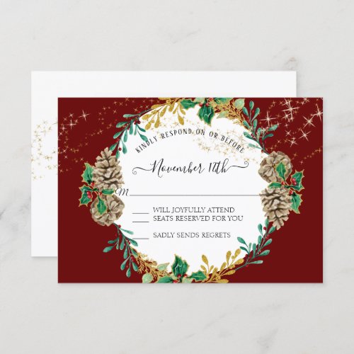 Gold Red Christmas RSVP Holly Pine Cone Wreath Invitation