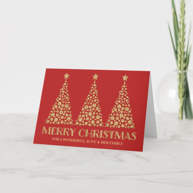Gold Red Christmas Trees Aunt's Family Holiday Card (Front)
