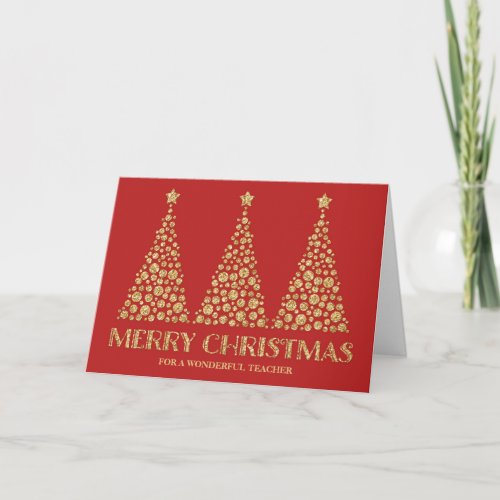 Gold Red Christmas Trees Teacher Holiday Card