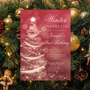 Gold Red Christmas Winter Onederland 1st Birthday Invitation
