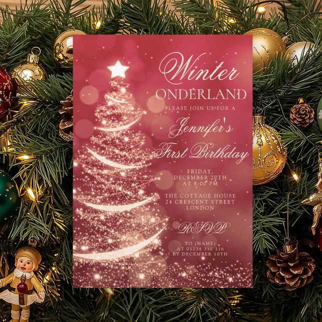Gold Red Christmas Winter Onederland 1st Birthday Invitation (Gold Red Christmas Winter Onederland 1st Birthday Invitation)