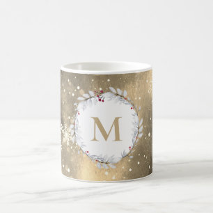 Gold Red Christmas Wreath Monogram Coffee Mug