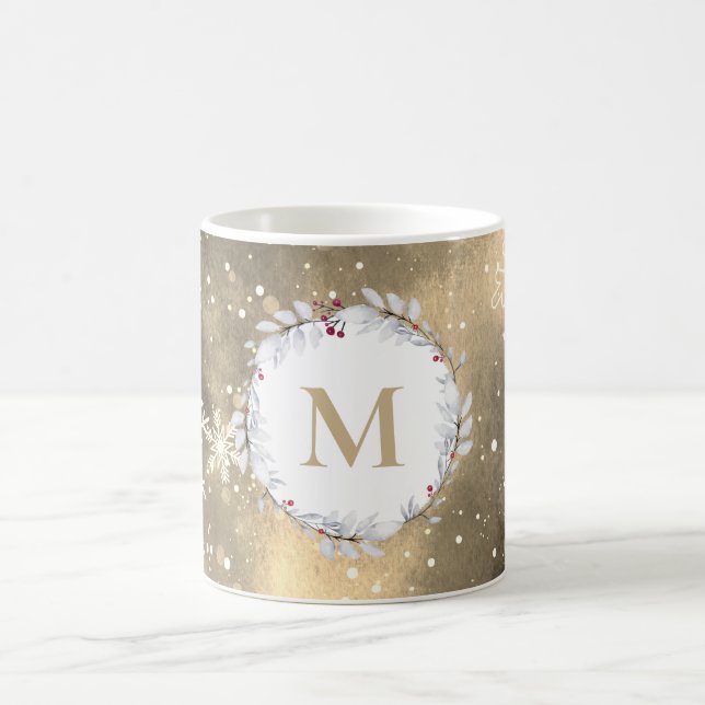 Gold Red Christmas Wreath Monogram  Coffee Mug (Center)