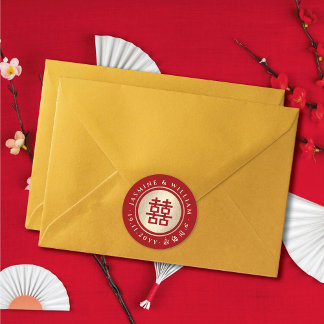 Gold/Red Circle Double Happiness Chinese Wedding Classic Round Sticker