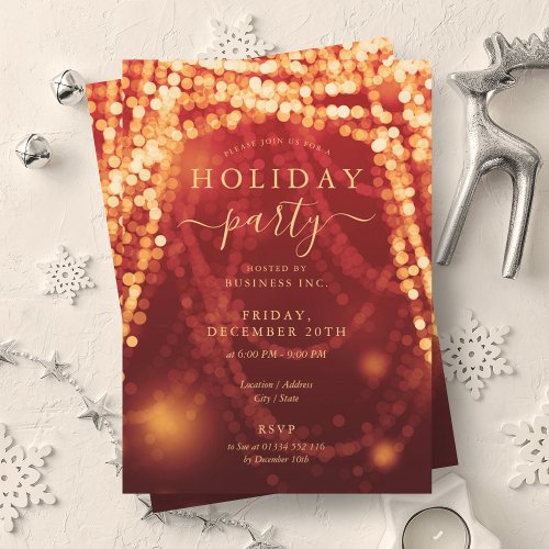 Gold Red Company Holiday Party String Lights Invitation