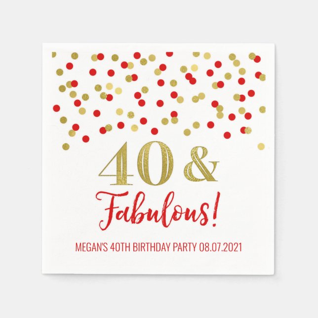 Gold Red Confetti 40 & Fabulous Birthday Napkins (Front)
