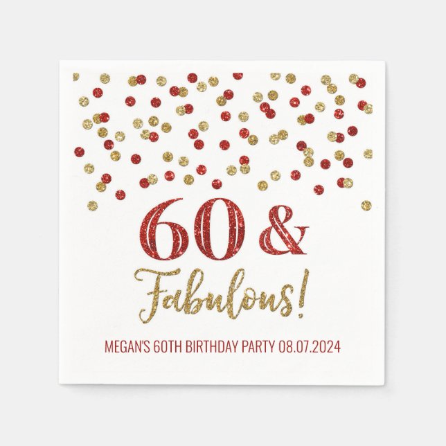 Gold Red Confetti 60 & Fabulous Napkins (Front)