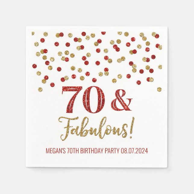 Gold Red Confetti 70 & Fabulous  Napkins (Front)