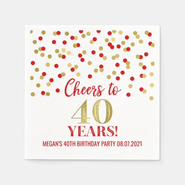Gold Red Confetti Cheers to 40 Years Birthday Napkins (Front)