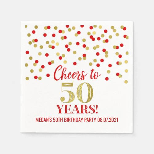 Gold Red Confetti Cheers to 50 Years Birthday Napkins