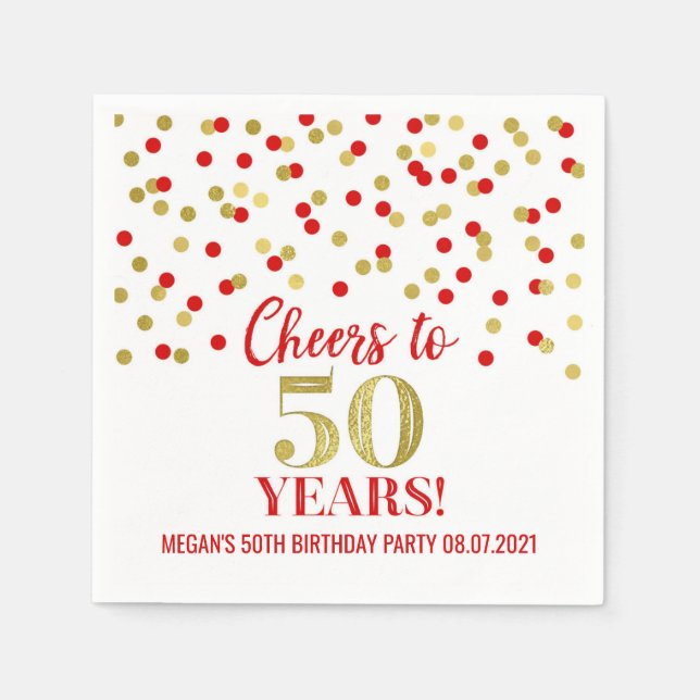 Gold Red Confetti Cheers to 50 Years Birthday Napkins (Front)
