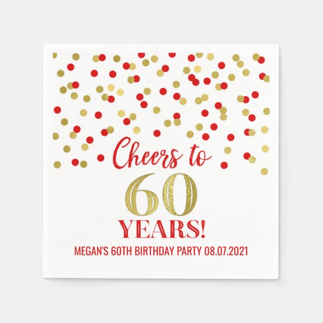 Gold Red Confetti Cheers to 60 Years Birthday Napkins (Front)