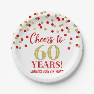 Gold Red Confetti Cheers to 60 Years Birthday Paper Plates