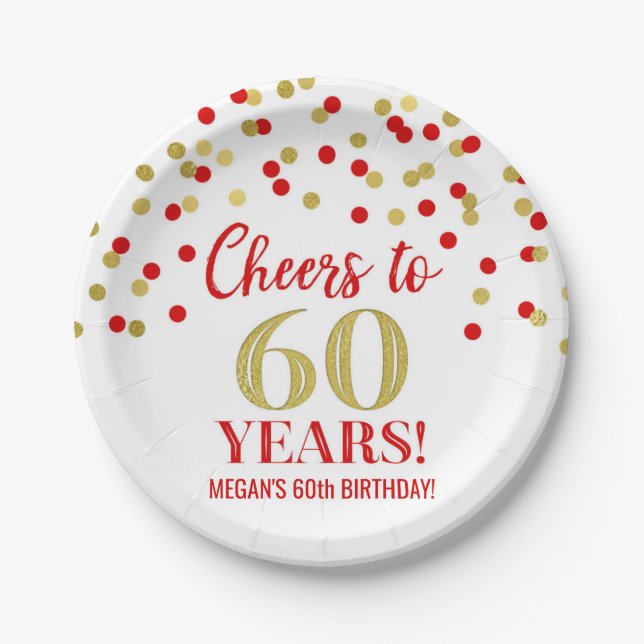 Gold Red Confetti Cheers to 60 Years Birthday Paper Plates (Front)