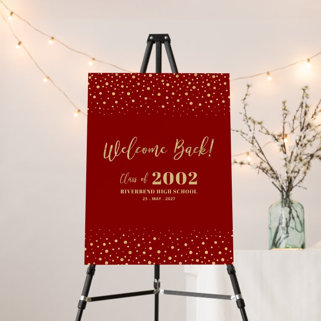 Gold & Red Confetti Class Reunion Party Welcome Foam Board (In Situ (Stand))