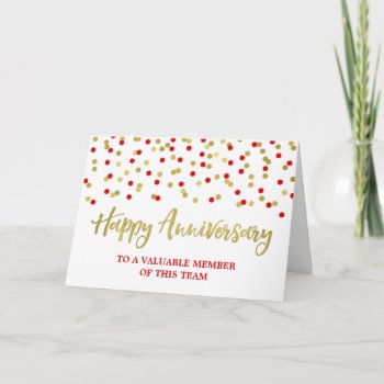 Gold Red Confetti Employee Anniversary Card by DreamingMindCards at Zazzle