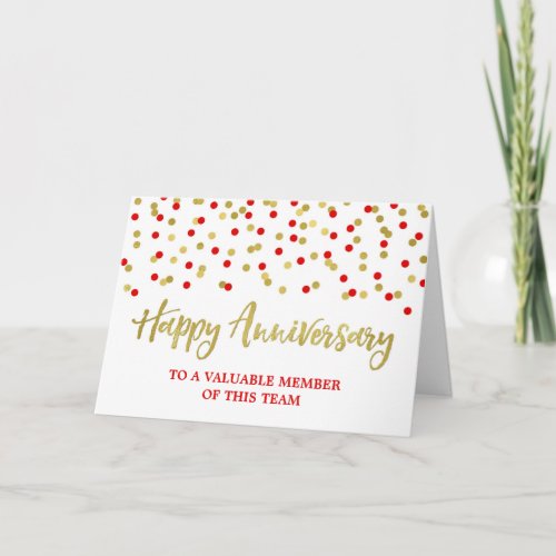 Gold Red Confetti Employee Anniversary Card