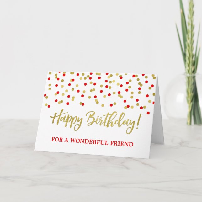 Gold Red Confetti Friend Birthday Card (Front)