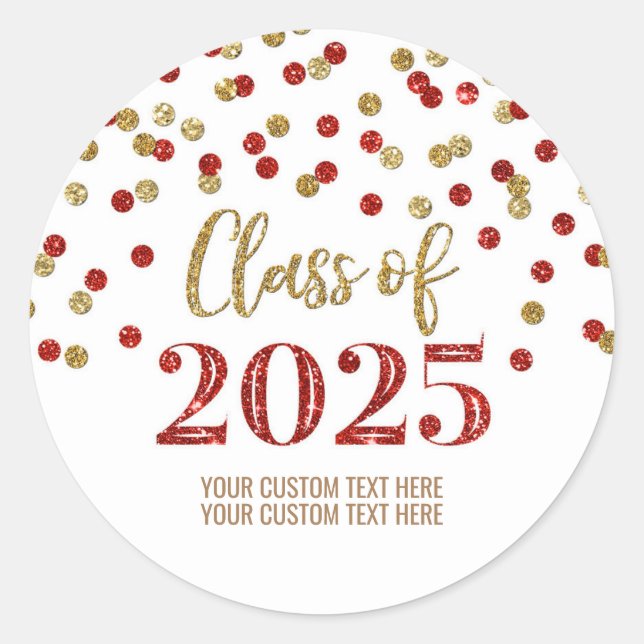 Gold Red Confetti Graduation 2025 Classic Round Sticker (Front)