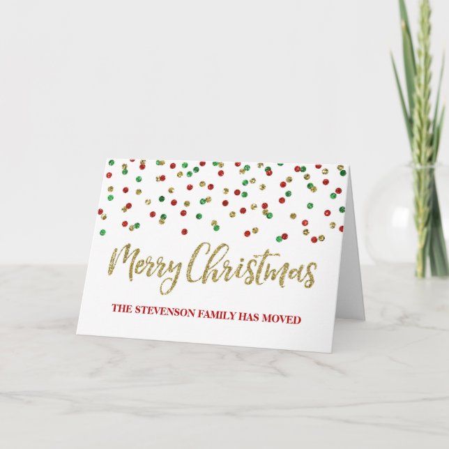 Gold Red Confetti Merry Christmas New Address Holiday Card (Front)