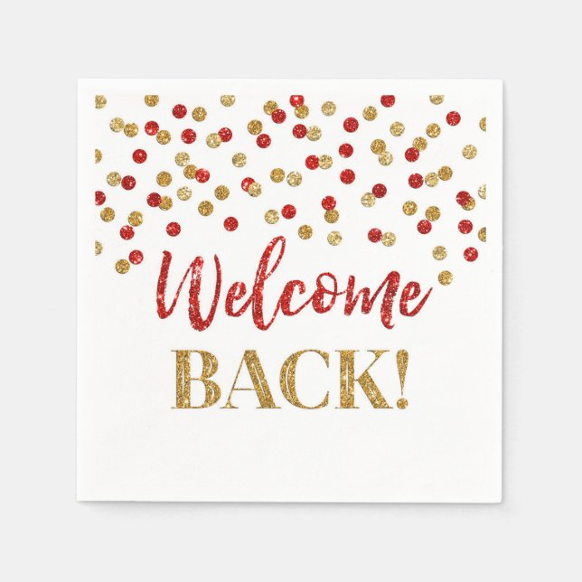 Gold Red Confetti Welcome Back Napkins (Front)