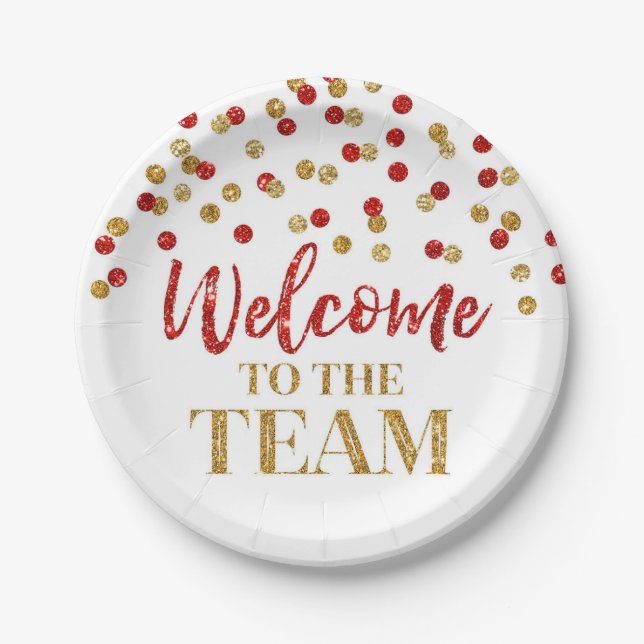 Gold Red Confetti Welcome to the Team Paper Plates (Front)