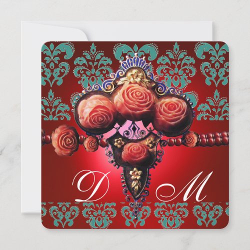 GOLD RED CORAL ROSESBLUE BLACK DAMASK MONOGRAM INVITATION