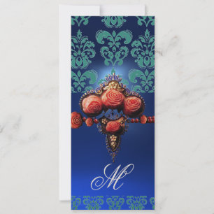 GOLD RED CORAL ROSES, BLUE BLACK DAMASK MONOGRAM INVITATION