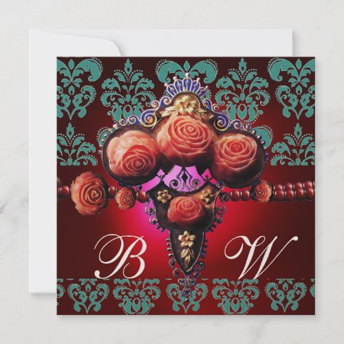 GOLD RED CORAL ROSESBLUE BLACK DAMASK MONOGRAM INVITATION