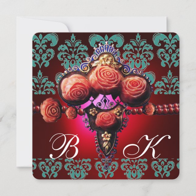 GOLD RED CORAL ROSES,BLUE BLACK DAMASK MONOGRAM INVITATION (Front)