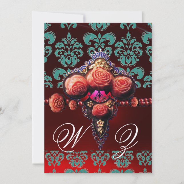 GOLD RED CORAL ROSES,BLUE BLACK DAMASK MONOGRAM INVITATION (Front)