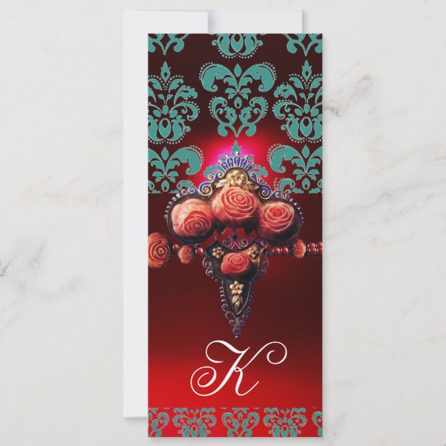 GOLD RED CORAL ROSES, BLUE BLACK DAMASK MONOGRAM INVITATION (Front)
