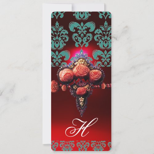 GOLD RED CORAL ROSES BLUE BLACK DAMASK MONOGRAM INVITATION