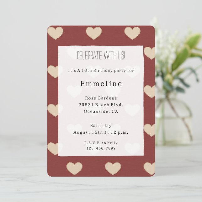 Gold Red Cream Glitter Hearts Birthday Invitation (Standing Front)