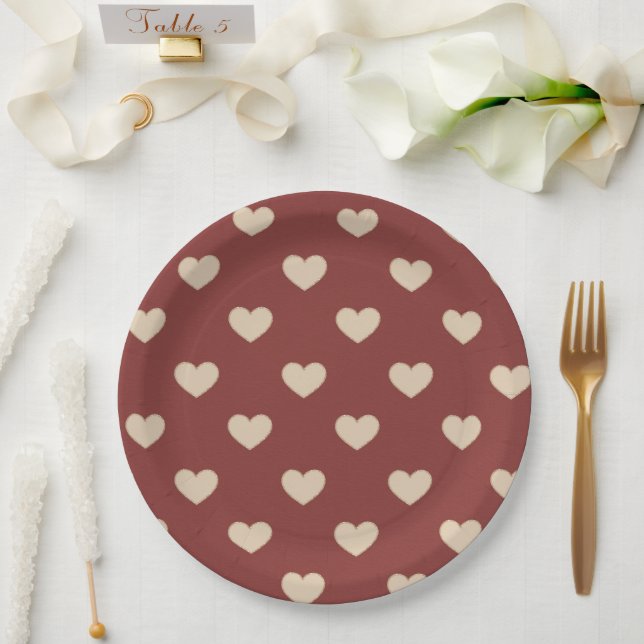 Gold Red Cream Glitter Hearts Bridal Shower Paper Plates (Wedding)
