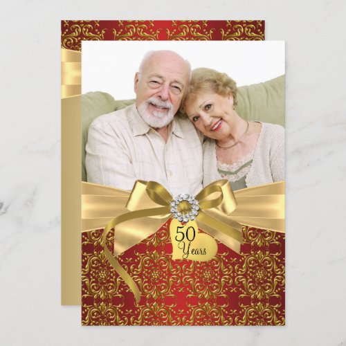 Gold Red Damask  Bow Photo 50th Anniversary Invitation