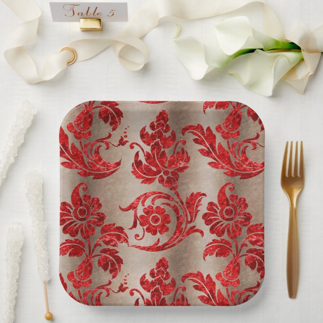 Gold Red Damask  Paper Plates (Wedding)