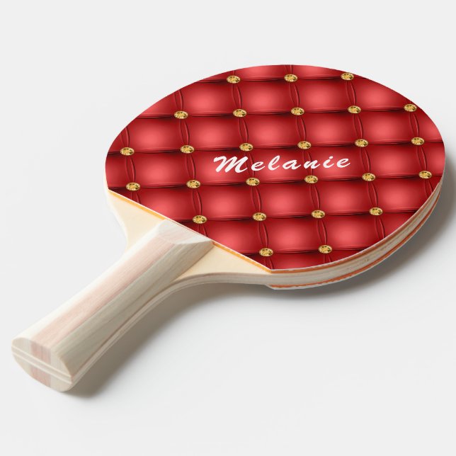 Gold Red Diamond Tufted Your Text Ping Pong Paddle (Front Angle)