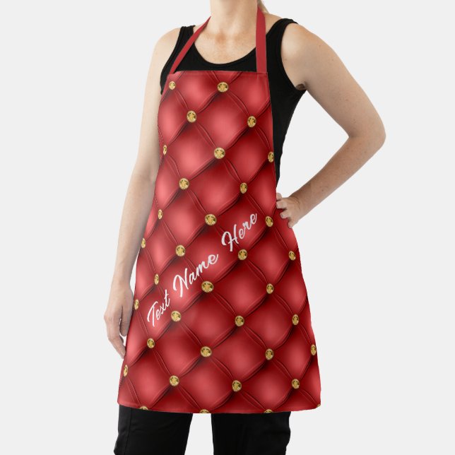 Gold Red Diamonds Tufted Custom Text Name Apron (Insitu)