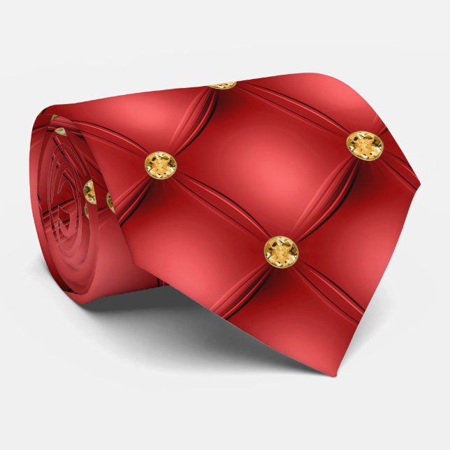 Gold Red Diamonds Tufted Faux Leather Neck Tie (Rolled)