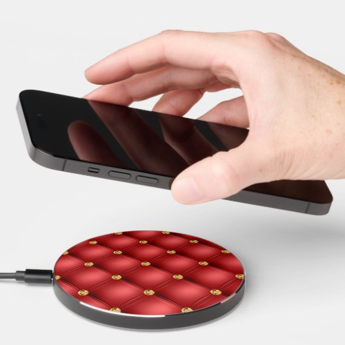 Gold Red Diamonds Tufted Leather Wireless Charger