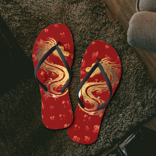 Gold Red Dragon 龍 Chinese New Year Gift Flip Flops