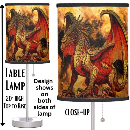 Gold  Red Dragon on Fiery Background Table Lamp